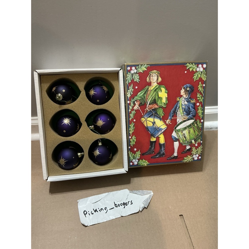 6 matte purple Plastic Christmas ball ornaments with hand-painted gold glitter